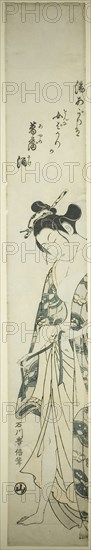 Woman Dressing after Her Bath, c. 1755/65, Ishikawa Toyonobu, Japanese, 1711-1785, Japan, Color woodblock print, hashira-e, benizuri-e, 68.8 x 10.2 cm