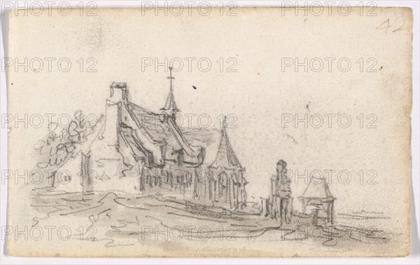 Leper House at Cleves, 1650–51, Jan van Goyen, Dutch, 1596-1656, Netherlands, Black chalk, with brush and gray wash, on ivory laid paper, 98 x 158 mm