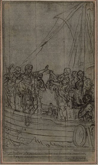 Study for Lucain’s La Pharsale, Canto IX, c. 1766, Hubert François Gravelot, French, 1699-1773, France, Pen and black ink, over graphite, on gray laid paper, incised for transfer, and perimeter mounted on ivory laid paper, 154 × 90 mm