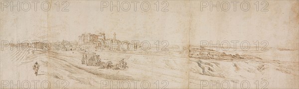 View of The Castello Bracciano, near Rome with Coach and Figures, n.d., Jacques Callot, French, 1592-1635, France, Pen and brown ink on paper, 283 × 911 mm