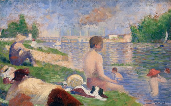 Final Study for Bathers at Asnières, 1883, Georges Seurat, French, 1859-1891, France, Oil on panel, 6 1/4 × 9 7/8 in. (15.8 × 25.1 cm)