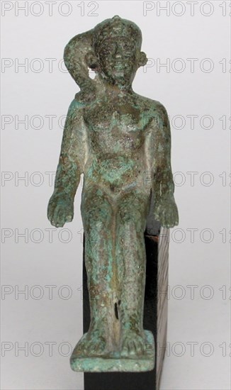 Statuette of the God Harpocrates, Late Period–Ptolemaic Period (about 1069–30 BC), Egyptian, Egypt, Bronze, 10.4 × 3.5 × 5.7 cm (4 × 1 3/8 × 2 1/4 in.)