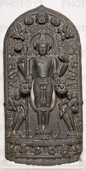 God Vishnu with Goddesses Lakshmi and Sarasvati, Pala period, 10th/12th century, Bangladesh or eastern India, Bangladesh, Basalt, 109.0 × 50.8 × 19.8 cm (42 7/8 × 20 × 7 3/4 in.)