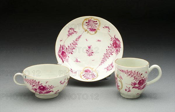 Teacup, Coffee Cup, and Saucer, c. 1770, Worcester Porcelain Factory, Worcester, England, founded 1751, Worcester, Soft-paste porcelain with purple enamel and gilding, Teacup: H. 4.5 cm (1 3/4 in.), diam. 8.3 cm (3 1/4 in.)