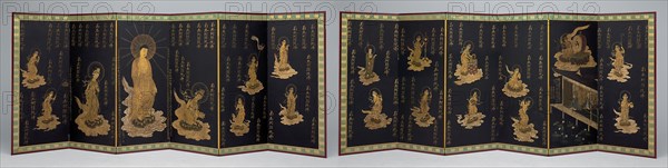 Rebirth of the Nun Anyo, early 18th century, Japanese, Japan, Pair six-panel screens, ink, colors, and gold on paper, 151.5 x 373 cm (59 5/8 x 147 in.) each