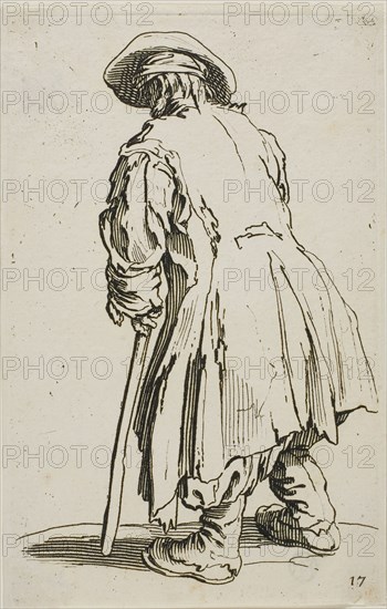 The Old Beggar Leaning on his Crutch, plate seventeen from The Beggars, c. 1622, Jacques Callot, French, 1592-1635, France, Etching on ivory laid paper, 137 × 86 mm (plate), 140 × 88 mm (sheet)