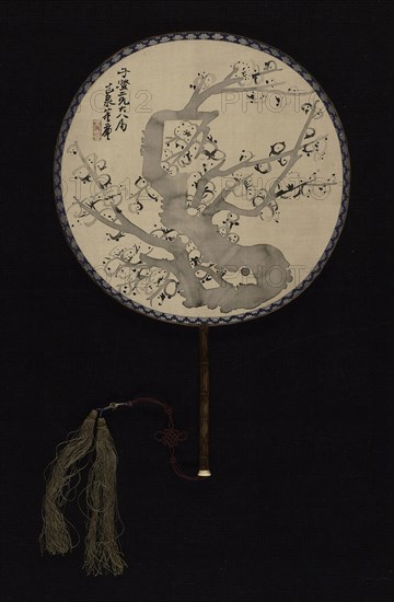 Prunus Tree, Qing dynasty (1644–1911), dated 1892 (from inscription on the back), Dong Lian, Chinese, China, Fan (round), ink on silk, bamboo and ivory handle