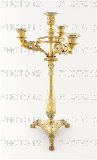 Four Light Candelabrum (one of a pair), 1809/19, Martin-Guillaume Biennais, French, 1764-1843, Paris, France, Paris, Silver-gilt, repoussé, cast, applied and chased decoration, gilt bronze, H. 54.6 cm (21 1/2 in.)