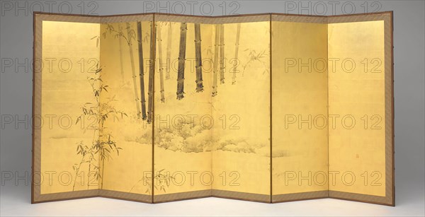 Bamboo, early 19th century, Kishi Ganku, Japanese, 1749-1838, Japan, Pair of six-panel screens, ink and gold leaf on paper, 178 x 376 cm (70 x 148 in.)