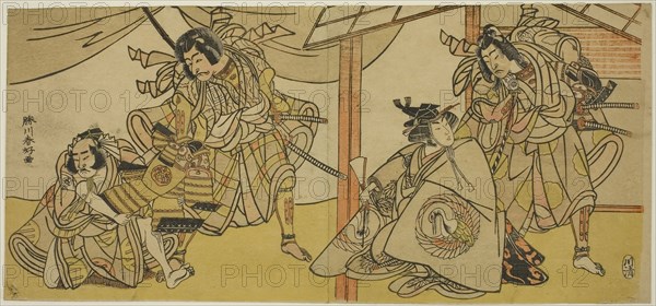 Right-Hand Page: The Actors Bando Hikosaburo III as Soga no Goro (right), and Segawa Kikunojo IV as Onna Asahina (left), in the Play Ume-goyomi Akebono Soga, Left-hand Sheet: The Actors Onoe Matsusuke I as Furugori Shinzaemon (left), and Ichikawa Danjuro V and Kagekiyo (right) in the Play Hatsumombi Kuruwa Soga, Performed at the Nakamura Theater in the First Month, 1780, c. 1780, Katsukawa Shunko I, Japanese, 1743-1812, Japan, Color woodblock print, double-page illustration from a theatrical picture-book, 15 x 32.3 cm (5 7/8 x 12 11/16 in.)