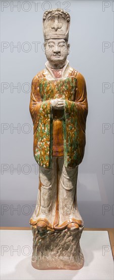 Civil Official (Wenguan), Tang dynasty (618–907 A.D.), 8th century, China, Earthenware with three-color (sancai) lead glazes, H. 42 in.