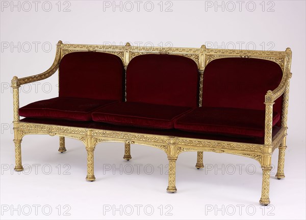 Sofa, 1807, Designed by James Wyatt, English, 1746-1813, Made by John Russell, active 1773-1822, England, London, Gilded beechwood, gilt bronze, and velvet, 99.4 x 191.1 x 69.9 cm (39 1/8 x 78 x 27 1/2 in.)