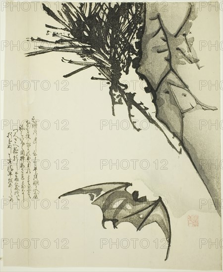 A Bat Flying near a Pine Tree, n.d., Issho, Japanese, active 19th century, Japan, Woodblock print, surimono, 37.0 x 29.3 cm