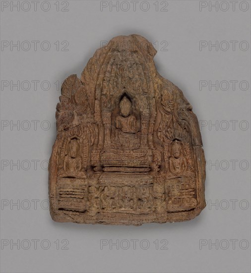 Votive Tablet of Gautama Buddha with Attendant Buddhas, 12th/13th century, Thailand, Lamphun Province, Northern, Terra-cotta, 4 × 3 1/4 in. (10.2 × 8.3 cm)