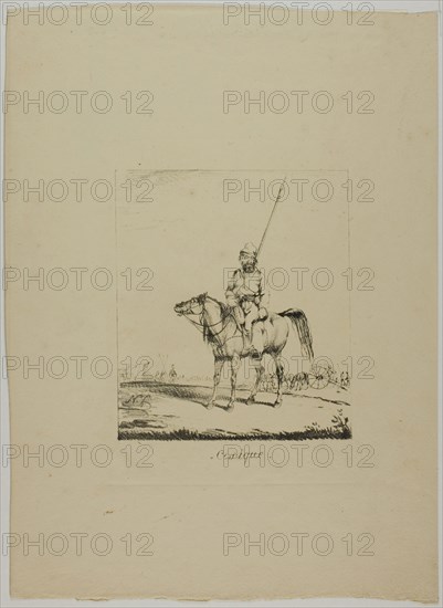 A Cossack, n.d., Monogrammist N.D., possibly French, 18th-19th century, France, Lithograph in black on tan wove paper, 141 × 123 mm (image), 310 × 224 mm (sheet)