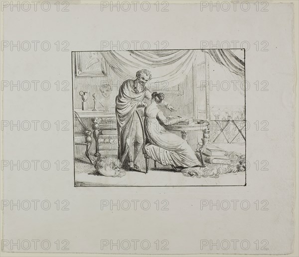 Denon Instructing a Young Woman Drawing on a Lithographic Stone, c. 1820, Dominique-Vivant Denon, French, 1747-1825, France, Lithograph in black on white wove paper, 123 × 160 mm (image), 233 × 265 mm (sheet)
