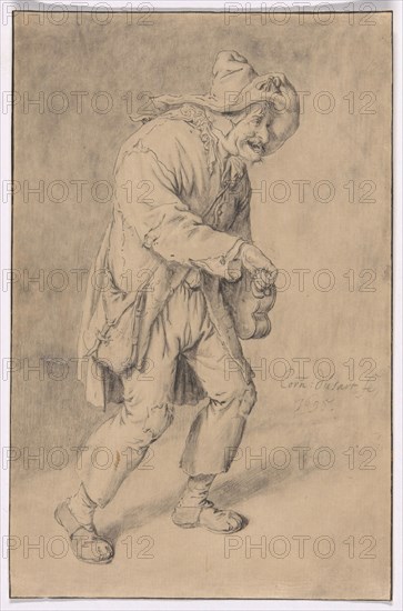 Hurdy-Gurdy Player, 1695, Cornelis Dusart, Dutch, 1660-1704, Holland, Pen and black ink, with black chalk and touches of black crayon, on cream Japanese paper, 177 x 115 mm