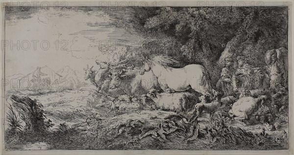 Noah and the Animals Entering the Ark, 1650/55, Giovanni Benedetto Castiglione, Italian, 1609-1664, Italy, Etching on ivory paper, 206 x 405 mm (plate), 217 x 412 mm (sheet)