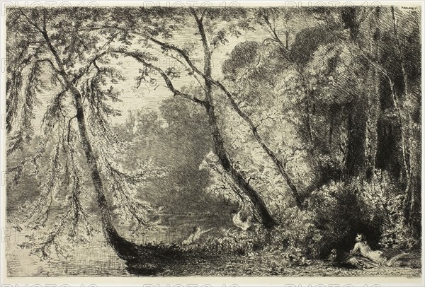 Women Bathing, 1867, Paul Huet, French, 1803-1869, France, Etching on ivory China paper, laid down on white wove paper, 154 × 229 mm (primary support), 307 × 482 mm (secondary support)