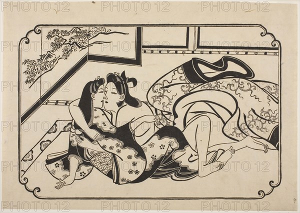 Flirting Lovers, c. 1673/81, Hishikawa Moronobu, Japanese, (?)-1694, Japan, Woodblock print, sumizuri-e, oban yoko-e, 27.1 x 38.4 cm