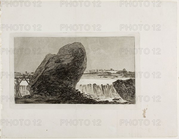 Landscape with Waterfall, before 1810, Francisco José de Goya y Lucientes, Spanish, 1746-1828, Spain, Etching and burnished aquatint on laid paper, 166 x 285 mm