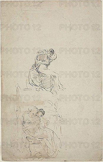 Two Seated Embracing Couples, n.d., Jean Baptiste Carpeaux, French, 1827-1875, France, Pen and brown ink on ivory laid paper, 206 × 259 mm