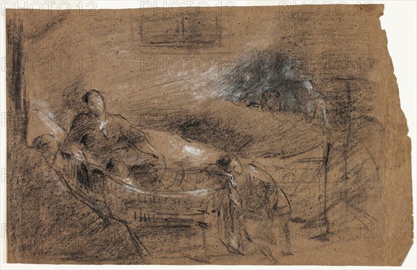 Deathbed Scene, n.d., Jean Baptiste Carpeaux, French, 1827-1875, France, Black and white pastel on brown wove paper, 175 × 530 mm