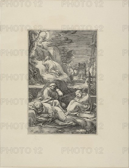 The Agony in the Garden, plate two from The Passion of Christ, 1597, Hendrick Goltzius, Dutch, 1558-1617, Netherlands, Engraving in black on cream laid paper, 196 x 130 mm (image), 202 x 135 mm (plate), 318 x 247 mm (sheet)