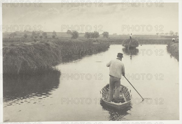 Quanting the Marsh Hay, 1886, Peter Henry Emerson, English, born Cuba, 1856–1936, England, Platinum print, pl. XVI from the album "Life and Landscape on the Norfolk Broads" (1886), edition of 200, 15.6 × 23.3 cm (image/paper), 28.6 × 41.1 cm (album page)