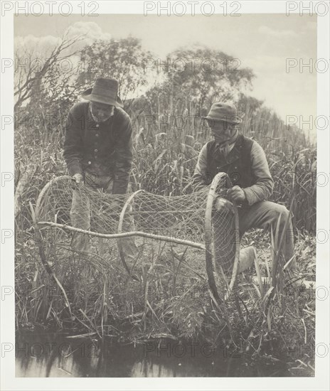 Setting Up the Bow-Net, 1886, Peter Henry Emerson, English, born Cuba, 1856–1936, England, Platinum print, pl. XVIII from the album "Life and Landscape on the Norfolk Broads" (1886), edition of 200, 26.9 × 22.2 cm (image/paper), 41 × 28.5 cm (album page)