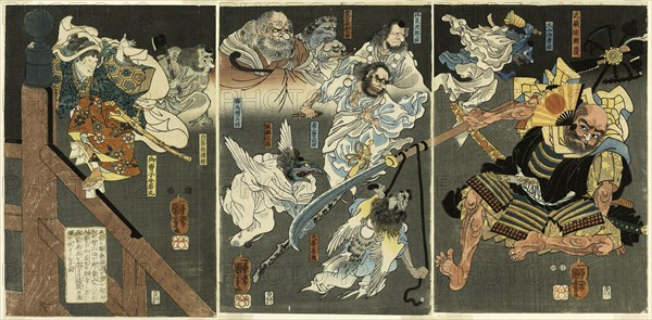 The Young Yoshitsune defeats Benkei at Gojo Bridge, c. 1848, Utagawa Kuniyoshi, Japanese, 1797–1861, Japan, Color woodblock prints, oban triptych