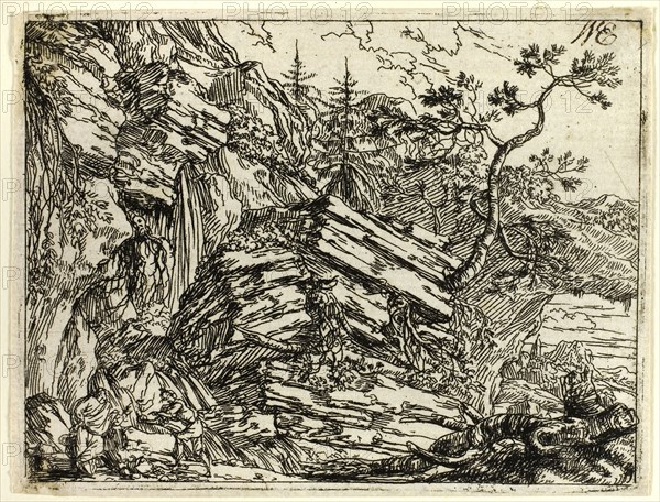 Italian Landscape with Ruins, n.d., Jonas Umbach the Elder, German, 1624-1693, Germany, Etching in black on ivory laid paper, 69 x 92 mm (image/plate), 73 x 95 mm (sheet)