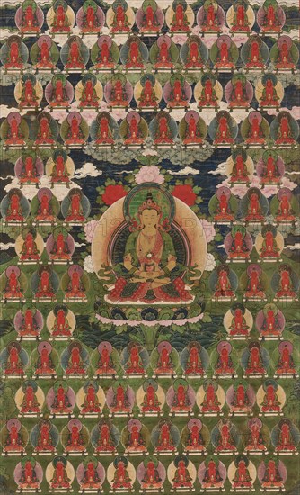Painted Banner (Thangka) of Amitayus Buddha Surrounded by One Hundred Buddhas, 19th century, Tibet, Tibet, Pigment on cloth, Image: 86.6 x 53.5 cm, Cloth: 89.8 x 56.5cm