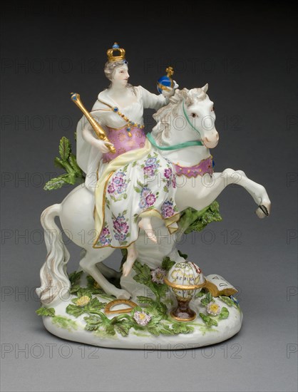 Allegorical Figure Representing Europe, 1746, Meissen Porcelain Factory, Germany, founded 1710, Modeled by Johann Joachim Kändler, German, 1706-1775, Meissen, Hard-paste porcelain, polychrome enamels, and gilding, 20.6 × 15.6 × 12.2 cm (8 1/8 × 6 1/8 × 4 13/16 in.)