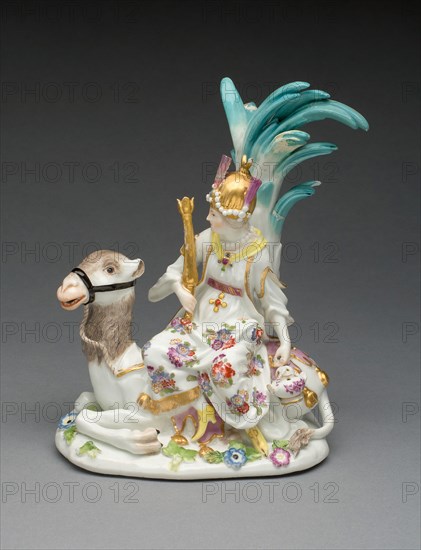 Allegorical Figure Representing Asia, 1746, Meissen Porcelain Factory, Germany, founded 1710, Modeled by Johann Joachim Kändler, German, 1706-1775, Meissen, Hard-paste porcelain, polychrome enamels, and gilding, 18.4 × 14.1 × 12.4 cm (7 1/4 × 5 9/16 × 4 7/8 in.)