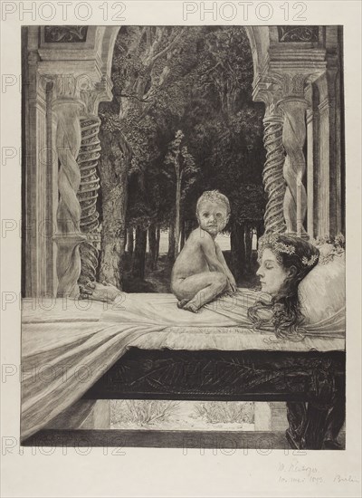 Dead Mother, plate ten from On Death, Part II, 1889, Max Klinger, German, 1857-1920, Germany, Etching in black ink on lightweight cream wove paper, laid down on cream wove paper (chine collé), 386 x 296 mm (image), 456 x 347 mm (plate), 634 x 474 (sheet)