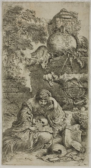Melancholia, before 1647, Giovanni Benedetto Castiglione, Italian, 1609-1664, Italy, Etching on ivory laid paper, 217 x 117 mm (image/sheet, cut within plate)