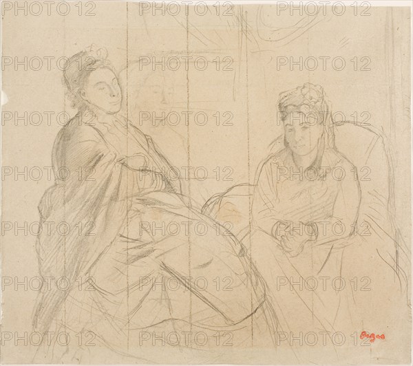 Madame Lisle and Madame Loubens, 1869/72, Edgar Degas, French, 1834-1917, France, Graphite on tan wove paper, squared in black crayon, laid down on cream Japanese paper, 284 × 320 mm