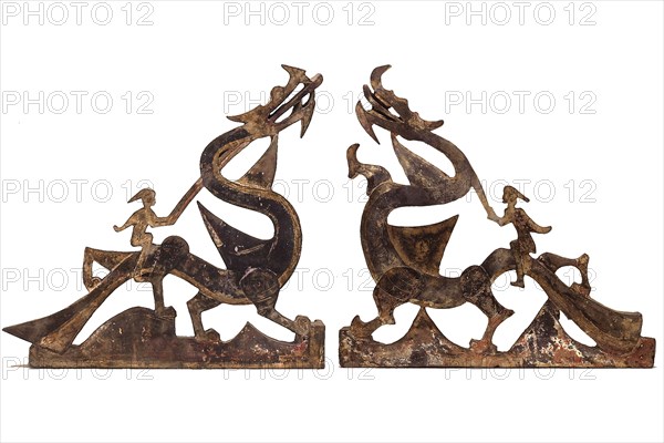 Immortals Riding Dragons: Sections of a Tomb Pediment, Han dynasty (206 B.C.–A.D. 220), 1st century B.C./A.D., China, probably from Henan province, China, Gray earthenware with traces of slip and polychrome pigments