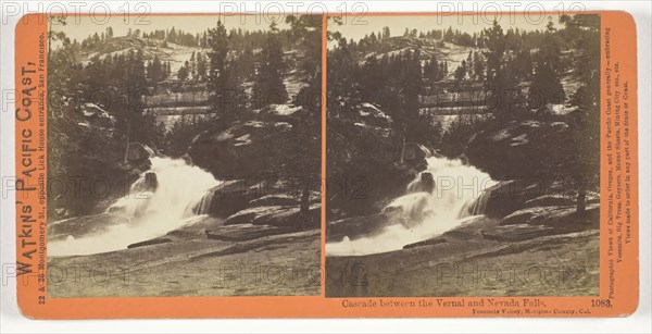 Cascade Between the Vernal and the Nevada Falls, Yosemite Valley, Mariposa County, Cal., 1861/76, Carleton Watkins, American, 1829–1916, United States, Albumen print, stereo, No. 1083 from the series "Watkins' Pacific Coast
