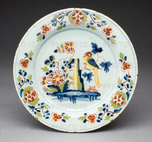 Plate, c. 1750, England, Lambeth, Lambeth, Tin-glazed earthware (Delftware), Height: 2.7 (1 1/16 in.), Diameter: 22.6 cm (8 15/16 in.)