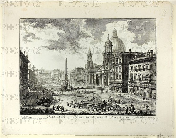 View of Piazza Navona above the ruins of the Circus of Domitian, from Views of Rome, 1750/59, published 1800–07, Giovanni Battista Piranesi (Italian, 1720-1778), published by Francesco (Italian, 1758-1810) and Pietro Piranesi (Italian, born 1758/9), Italy, Etching on heavy white laid paper, 392 x 551 mm (image), 415 x 556 mm (plate), 540 x 690 mm (sheet)