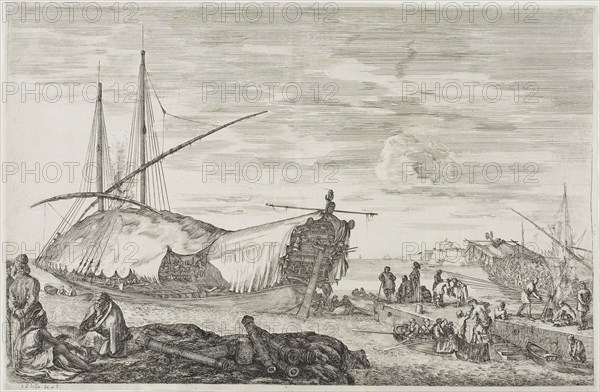 La galère dont le pont est couvert de voiles, 1654/55, Stefano della Bella, Italian, 1610-1664, Italy, Etching on paper, 231 x 360 (image), 237 x 364 mm (sheet, trimmed within platemark)