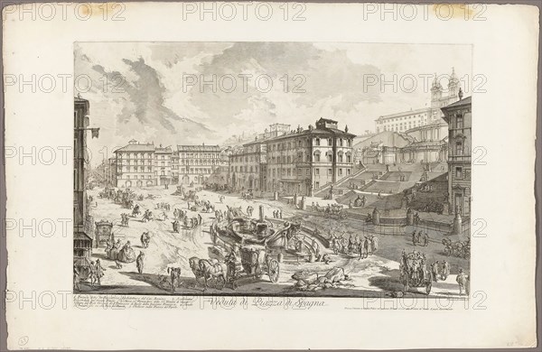 View of the Piazza di Spagna, from Views of Rome, 1750/59, Giovanni Battista Piranesi, Italian, 1720-1778, Italy, Etching on heavy ivory laid paper, 381 x 597 mm (image), 406 x 602 mm (plate), 521 x 803 mm (sheet)
