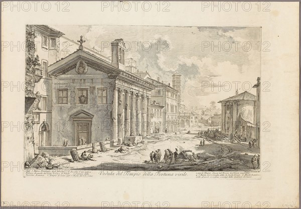 View of the Temple of Fortuna Virilis. Now the Armenian church of S. Maria Egizziaca, from Views of Rome, 1750/59, Giovanni Battista Piranesi, Italian, 1720-1778, Italy, Etching on heavy ivory laid paper, 356 x 580 mm (image), 377 x 586 mm (plate), 510 x 735 mm (sheet)