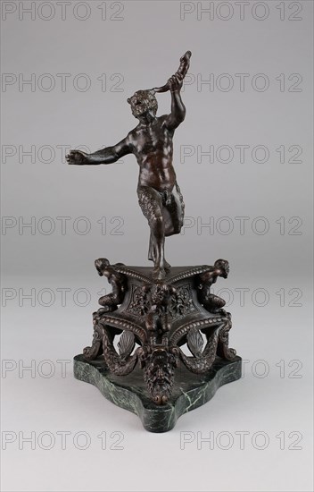 Dancing Satyr on Triangular Socle, c. 1530/50, Andrea Riccio (Style of), Italian, 1470-1532, Italian, Bronze, dark brown patina, 9 15/16 x 6 1/16 x 3 5/16 in. (25.2 x 15.4 x 8.4 cm)