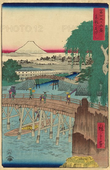 Ichikoku Bridge in the Eastern Capital (Toto Ichikokubashi), from the series Thirty-six Views of Mount Fuji (Fuji sanjurokkei), 1858, Utagawa Hiroshige ?? ??, Japanese, 1797-1858, Japan, Color woodblock print, oban