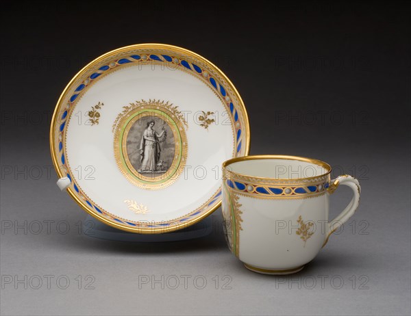 Cup and Saucer (part of a Coffee Service), c. 1770, Vienna State Porcelain Manufactory, Austrian, 1744-1864, Vienna, Hard-paste porcelain, monochrome black (Schwartzlot), polychrome enamels, and gilding, Cup: H. 6.4 cm (2 1/2 in.), diam. 8.9 cm (3 1/2 in.), Saucer: H. 3.8 cm (1 1/2 in.), diam. 13.3 cm (5 1/4 in.)