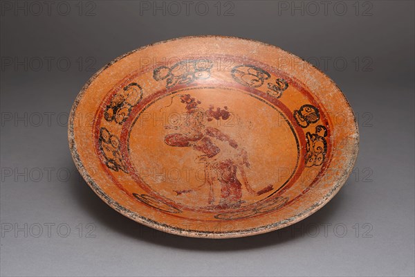 Plate Depicting a Dancing Figure, A.D. 600/800, Late Classic Maya, Possibly Petén region, Guatemala, Guatemala, Ceramic and pigment, Diam. 27.9 cm (11 in.)