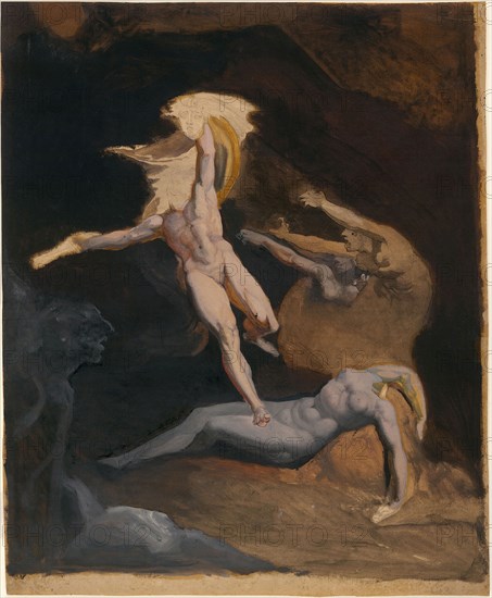 Perseus Starting from the Cave of the Gorgons, c. 1816, Attributed to Henry Fuseli, Swiss, active in England, 1741-1825, Switzerland, Oil and oil wash, over graphite and with touches of pen and black ink, on tan laid paper, laid down on off-white Japanese paper, 552 x 676 mm